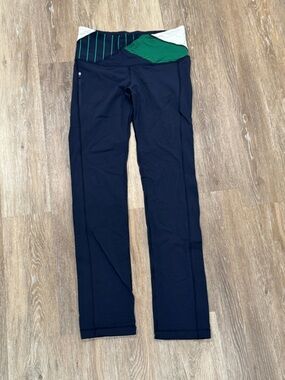 lululemon athletica Navy Leggings with Green and White Waistband Detail
